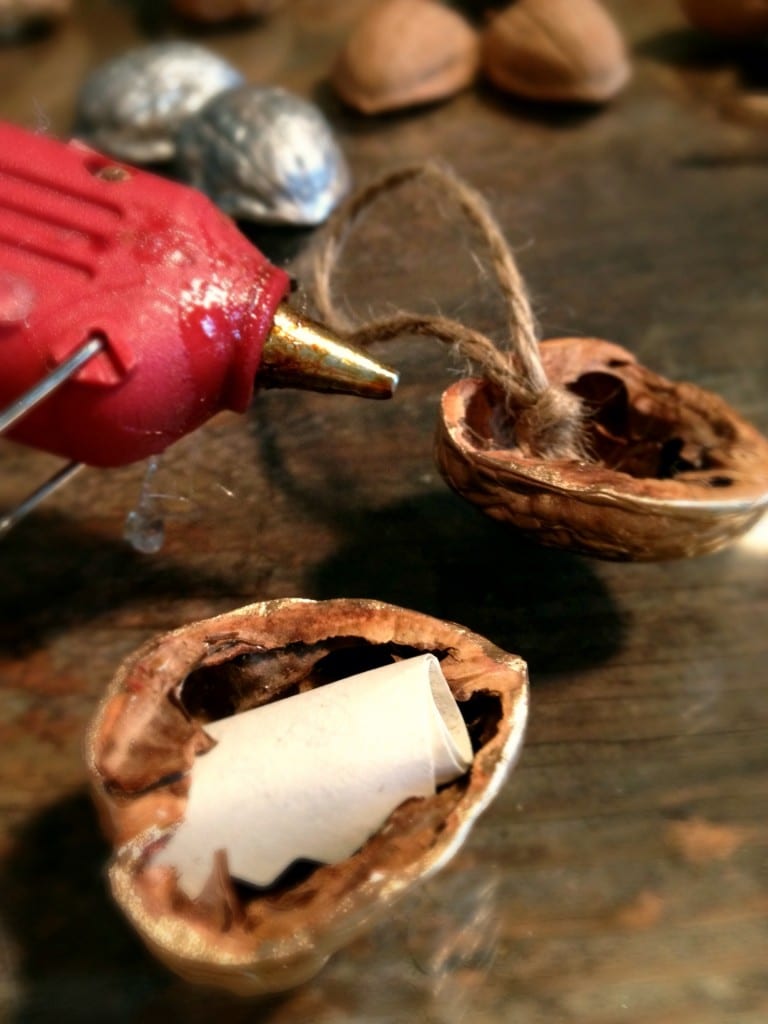 Walnut Ornament - applying hot glue