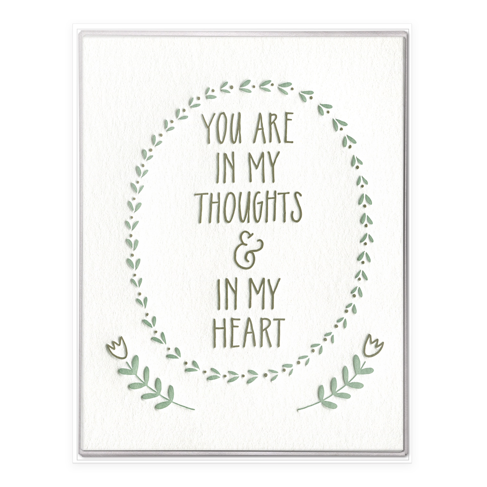 Boxed set of six sympathy cards reading "You Are In My Thoughts & In My Heart" with green leaf wreath on textured white stock.