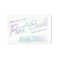 handlettered words read "Greetings from Park Circle" with a line drawing of shops. Two-colors combine to create a gradient in the print.
