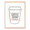 Letterpress card featuring an illustrated to-go coffee cup reading "Coffee Soon? I Miss Your Face" in dark gray and orange.