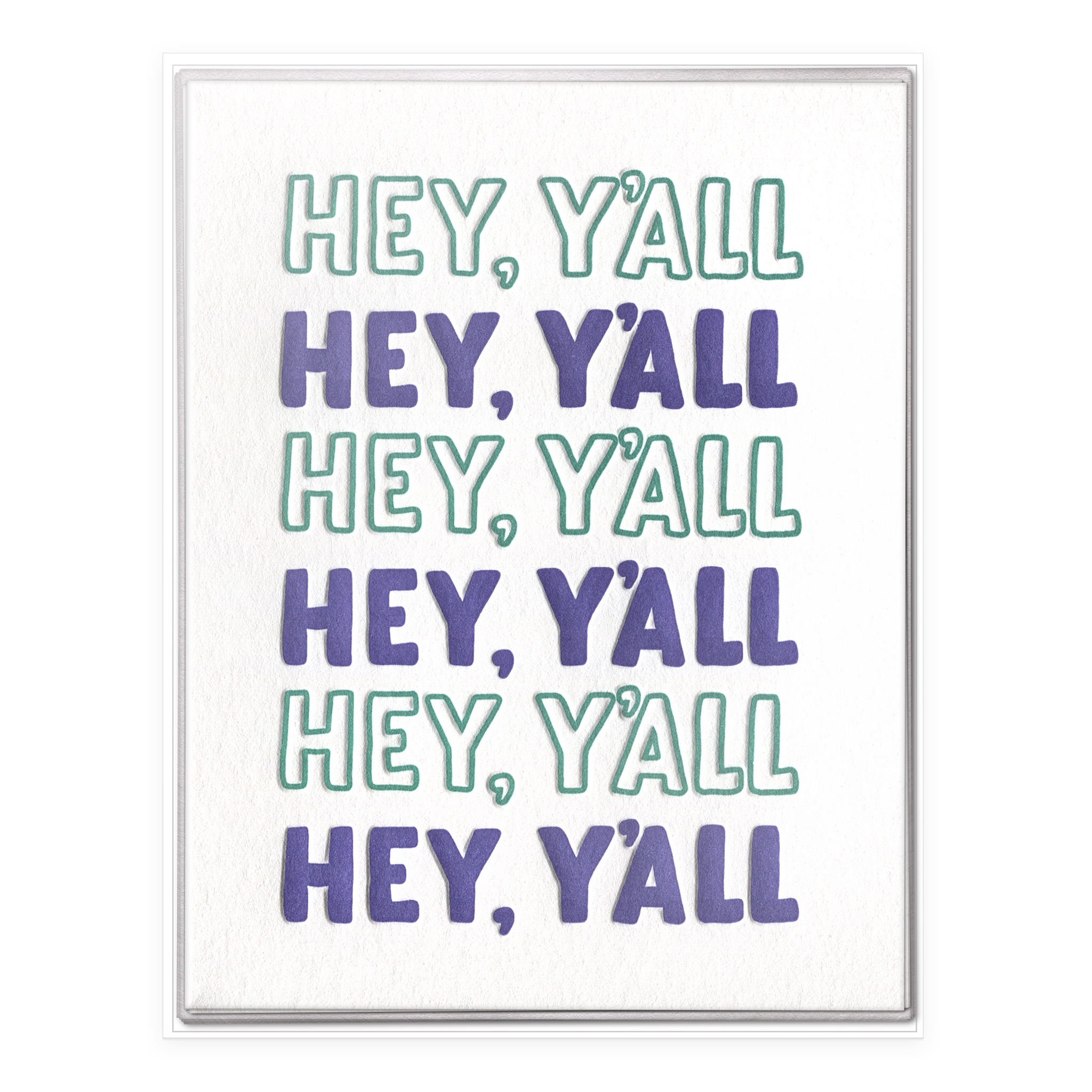Boxed set of six letterpress "Hey, Y'all" friendship cards in alternating green and purple on white stock.
