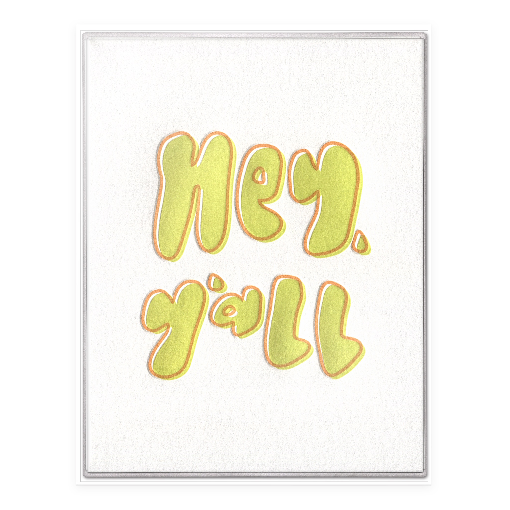 Boxed set of six "Hey, Y'all" friendship cards featuring bold chartreuse bubble lettering with orange outlines on textured white paper.