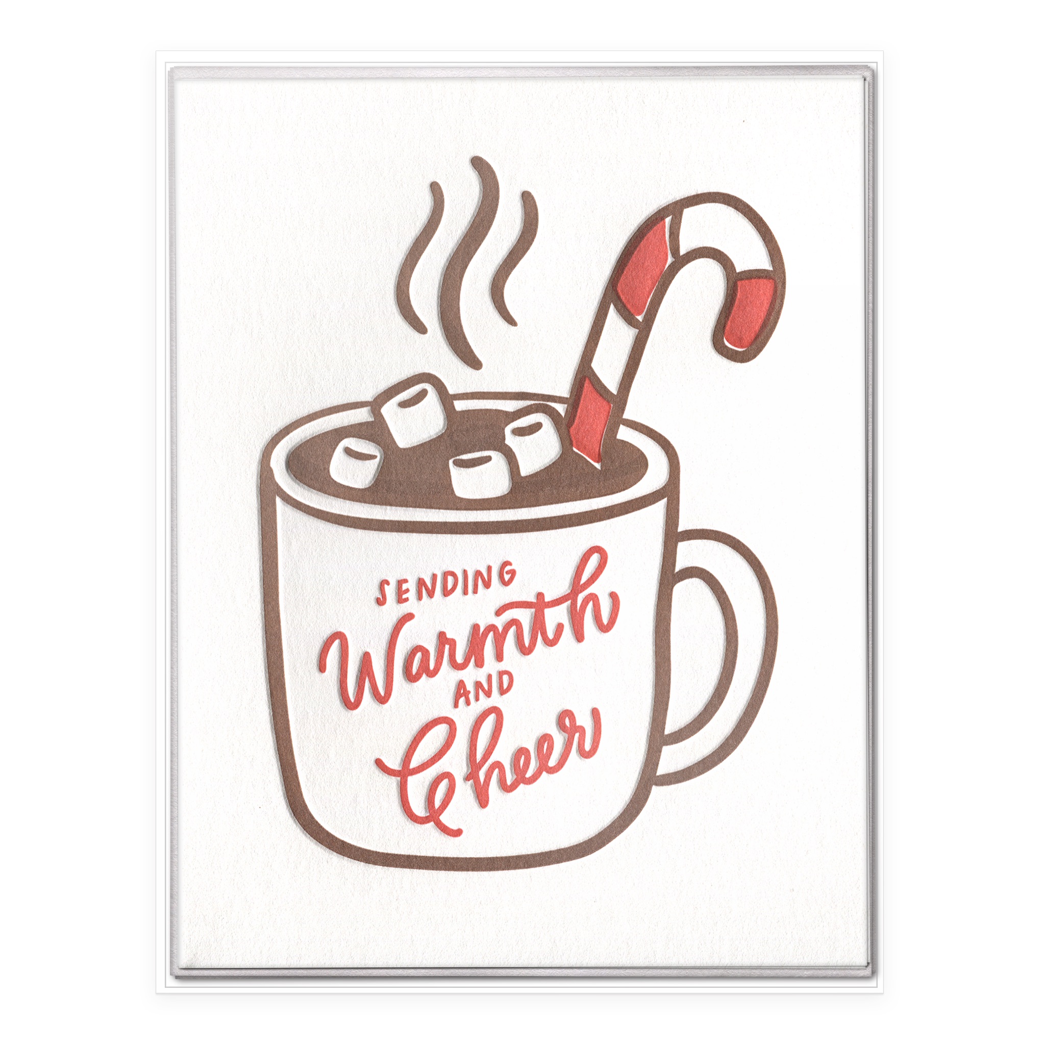 Letterpress holiday boxed set with a steaming hot cocoa mug and candy cane reading "Sending Warmth and Cheer" including gray envelopes.