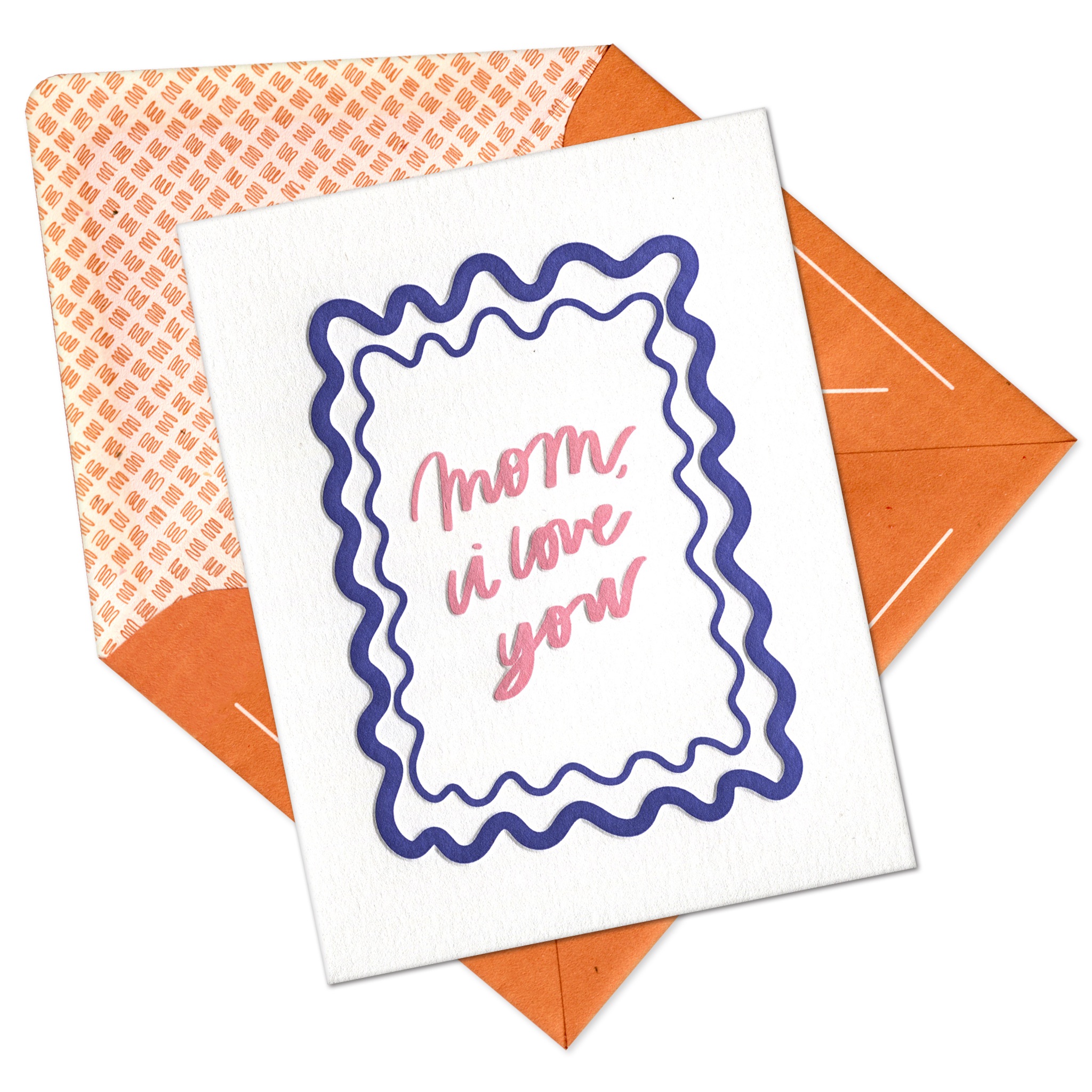 Letterpress "mom, i love you" card with pink script and navy wavy border displayed on patterned signature envelope.